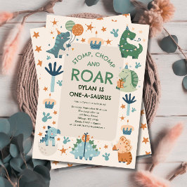 Dinosaur Stomp Chomp och Roar First Birthday Inbjudningar