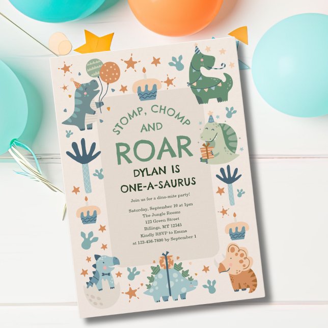 Dinosaur Stomp Chomp och Roar First Birthday Inbjudningar (Skapare uppladdad)