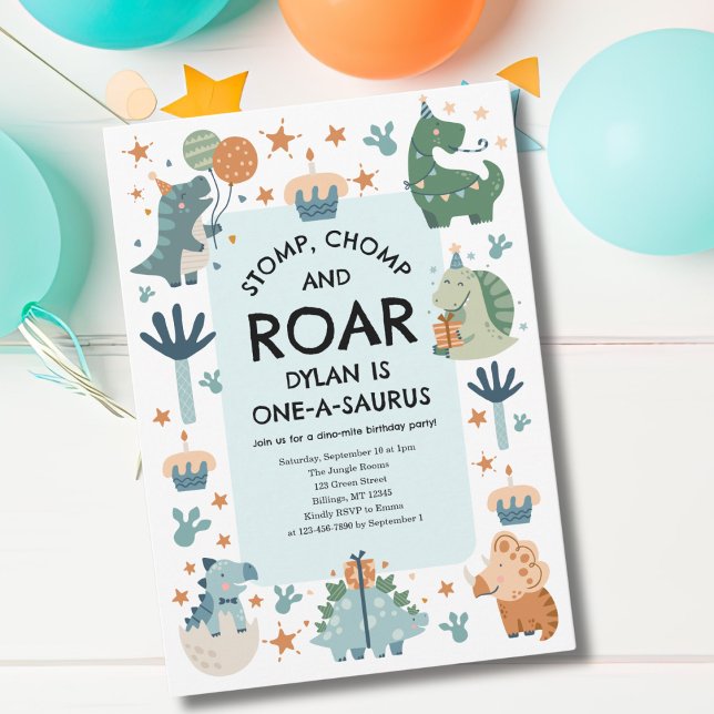 Dinosaur Stomp Chomp och Roar Första födelsedagen Inbjudningar (Skapare uppladdad)