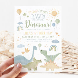 Dinosaur Stomp Chomp Rawr 1:a födelsedag Party Boy Inbjudningar