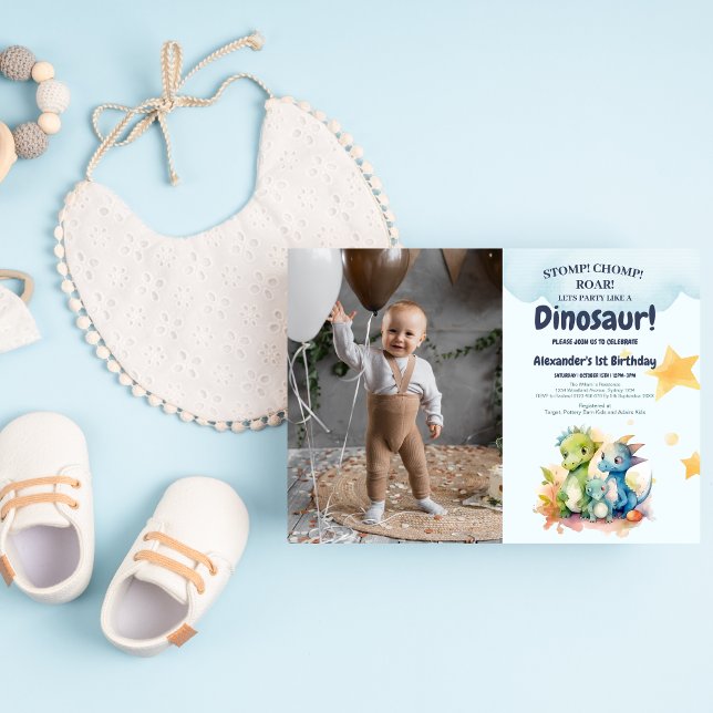 Dinosaur Stomp Chomp Rawr 1:a födelsedag Party Boy Inbjudningar (Skapare uppladdad)