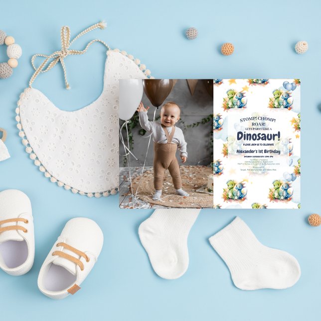 Dinosaur Stomp Chomp Rawr 1:a födelsedag Party Boy Inbjudningar (Skapare uppladdad)