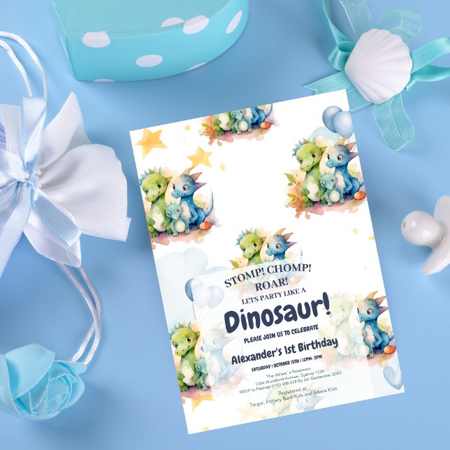 Dinosaur Stomp Chomp Rawr 1:a födelsedag Party Boy Inbjudningar (Skapare uppladdad)