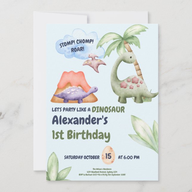 Dinosaur Stomp Chomp Rawr 1:a födelsedag Party Boy Inbjudningar (Framsida)