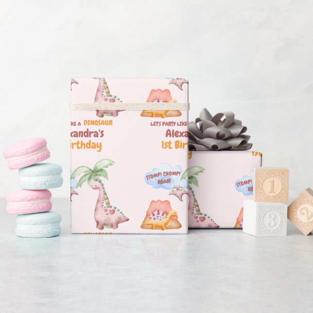 Dinosaur Stomp Chomp Rawr 1:a födelsedagsflickan P Presentpapper (Baby Shower)