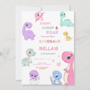 Dinosaur Stomp Chomp Rawr Birthday GIRL Party Inbjudningar