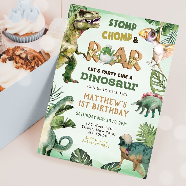 Dinosaur Stomp Chomp Roar 1:a födelsedag Party Boy Inbjudningar (Skapare uppladdad)