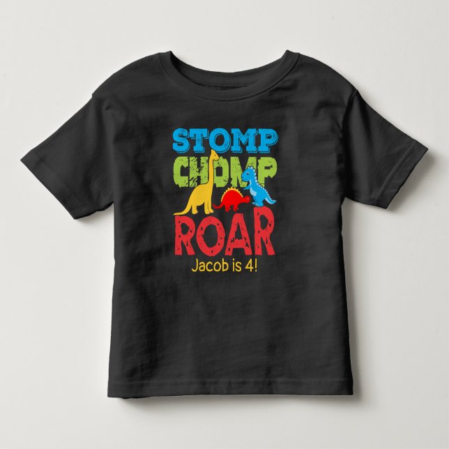 Dinosaur Stomp Chomp Roar Birthday Boy T Shirt (Framsida)