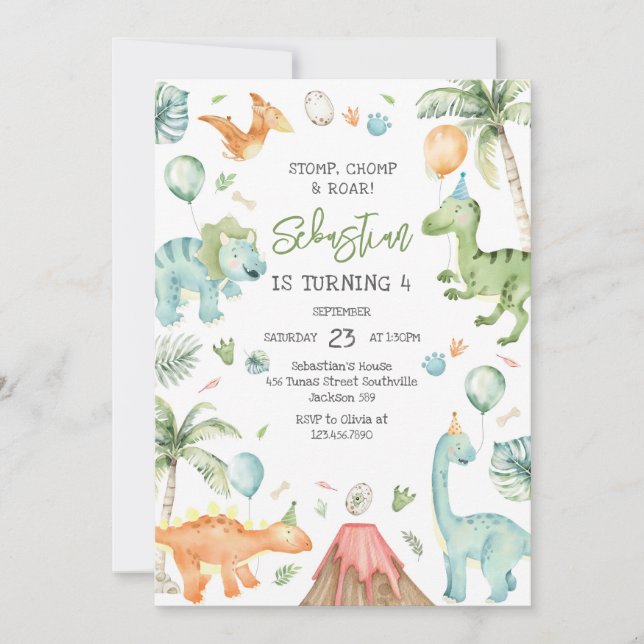 Dinosaur Stomp Chomp Roar Birthday Party Inbjudningar (Framsida)