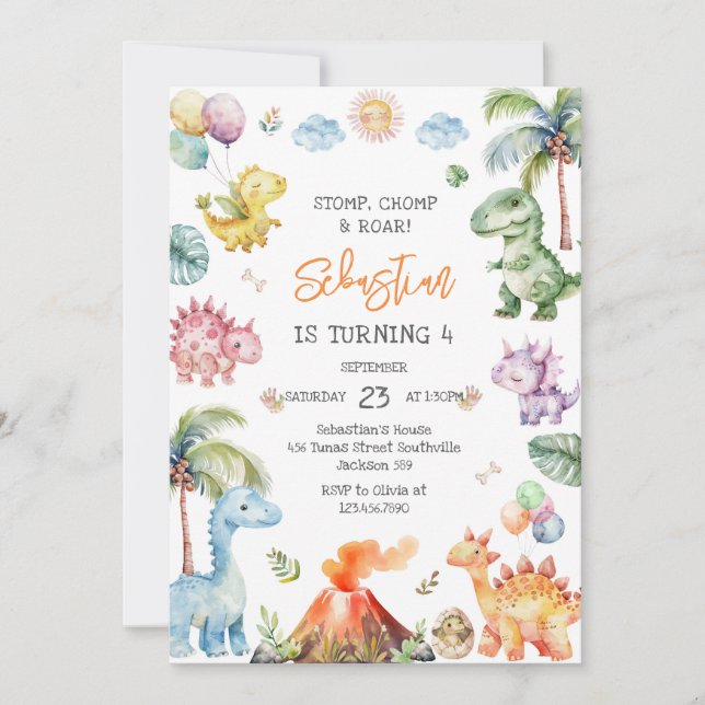 Dinosaur Stomp Chomp Roar Birthday Party Inbjudningar (Framsida)