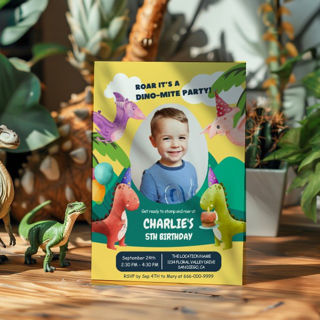 Dinosaur Stomp Chomp Roar Födelsedagsfest Photo Inbjudningar (Dinosaur Birthday Party Invitation with photo)