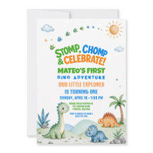 Dinosaur Stomp Chomp Watercolor Första Födelsedag
