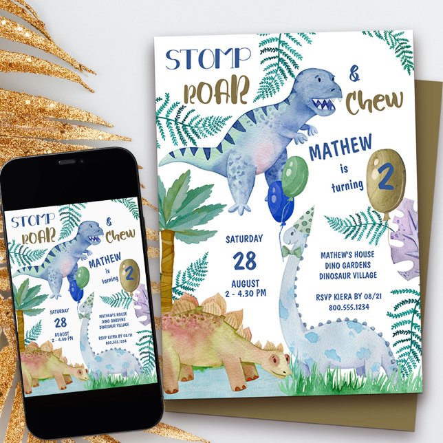 Dinosaur Stomp Roar and Chew Boys Födelsedagsfest Inbjudningar (2nd birthday dinosaur invitation with personalized stomp roar and chew rhyme)