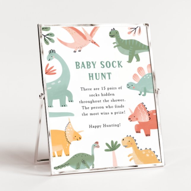 Dinosaur Strumpjakt Poster (Dinosaur Baby Sock Hunt Game Sign Poster by Painted Paperie)