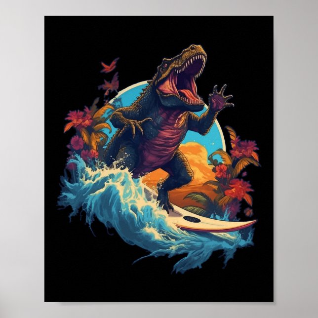 Dinosaur Surfbräda Strand Surfning Surfare Dinosau Poster (Framsidan)