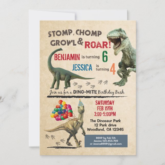 Dinosaur syskon födelsedagsinbjudan 2 namn inbjudningar (Framsida)