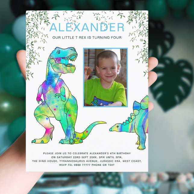 Dinosaur T-Rex 4-års födelsedagsfest budget Inbjudan Vykort (Dinosaur T-Rex 4th birthday party budget postcard invitation with photo template colorful dinos)