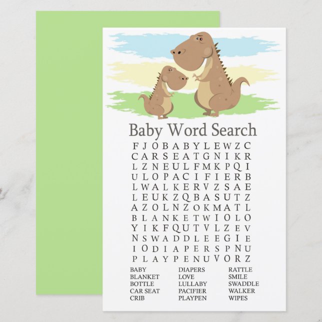 Dinosaur T-rex Baby Shower Ord Search-spel (Fram/baksida)