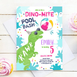 Dinosaur T-Rex Bassäng Party Girl Rosa Birthday Inbjudningar