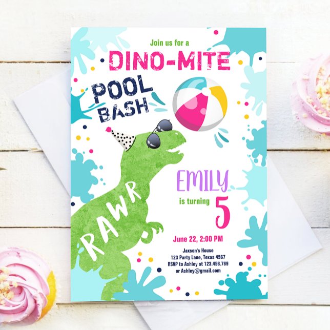 Dinosaur T-Rex Bassäng Party Girl Rosa Birthday Inbjudningar (Skapare uppladdad)