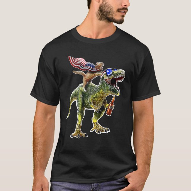Dinosaur T Rex Beer Cat 4:e juli Amerikanska Flagg T Shirt (Framsida)