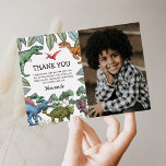 Dinosaur T-Rex Birthday Photo - tackkort Tack Kort<br><div class="desc">Jurassisk födelsedagskalas tack vare ett kort med en vanlig svart bakgrund,  ett sött foto av ditt barn,  en grönt i djungeln,  en samling vattenfärgsdinosaurier och en modern personlig tack som du kan anpassa.</div>