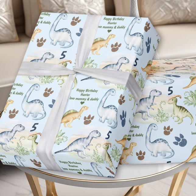 Dinosaur T rex Blue Boy Birthday Namn Presentpapper (Dinosaur T rex Blue Boy Birthday Name Wrapping Paper)