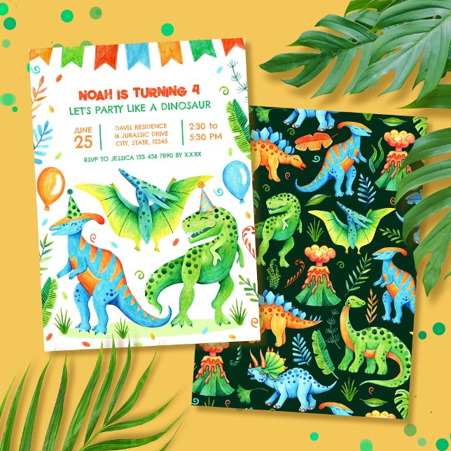 Dinosaur T rex Boys Födelsedagsfest Vattenfärg Inbjudningar (Dinosaur Boys Birthday Party Watercolor Invitation)