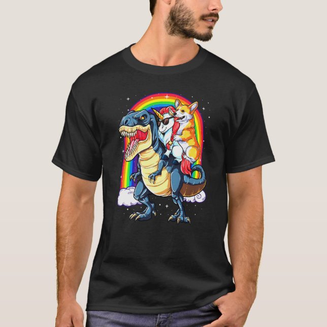 Dinosaur T Rex Boys Girls Rainbow Corgi T Shirt (Framsida)