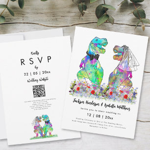 Dinosaur T-Rex Bride and Groom QR Code Inbjudningar