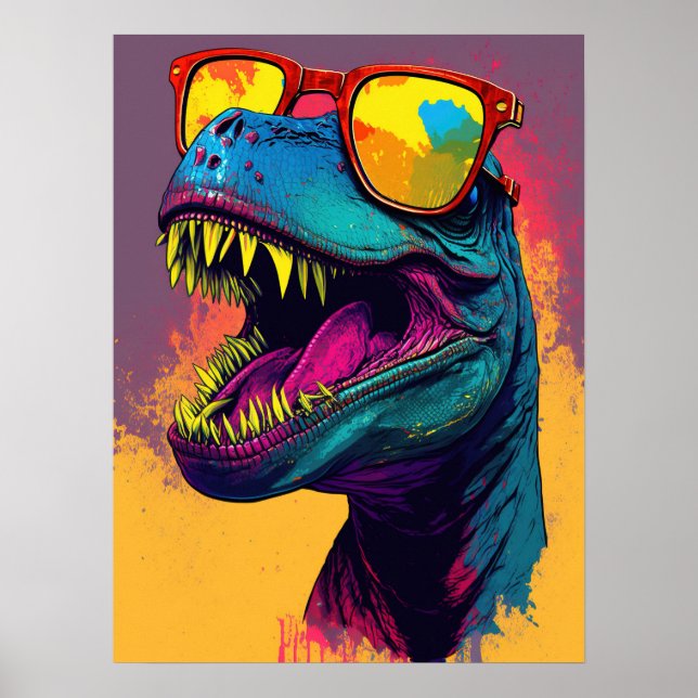 Dinosaur T Rex Coola Orange Blue Poster (Framsidan)
