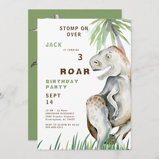 Dinosaur T-rex Födelsedagsfest inbjudan (Fram/baksida)