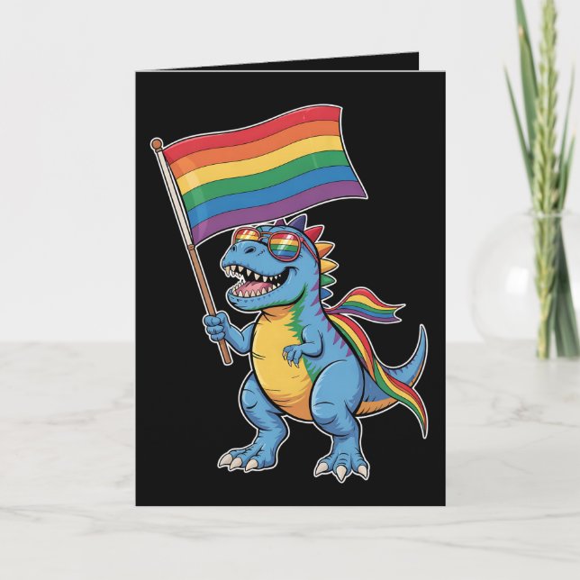 Dinosaur T Rex Gay pride LGBTQ Ally Rainbow Flagga Kort (Framsida)