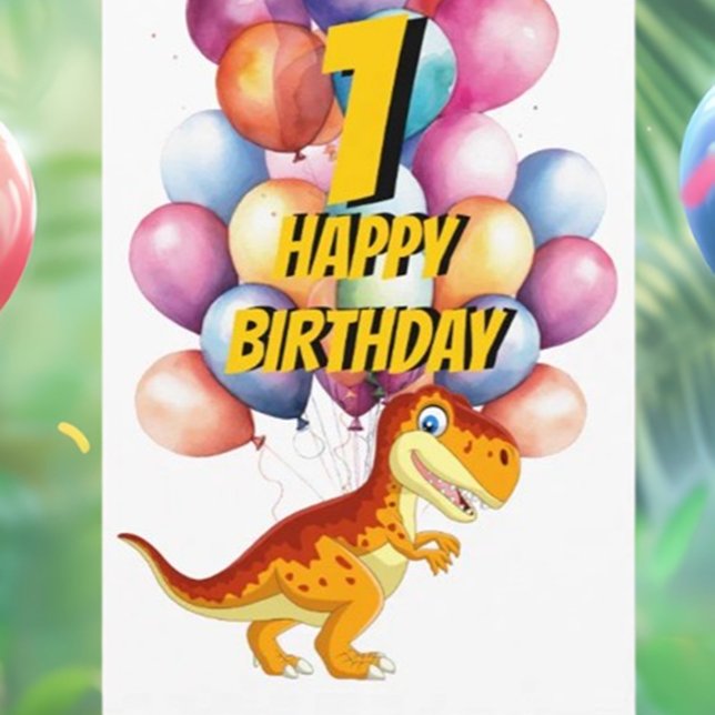 Dinosaur T Rex Guld 1:a födelsedagarkortet Kort (Celebrate your little one's first birthday with our adorable T-Rex gold balloon card!)