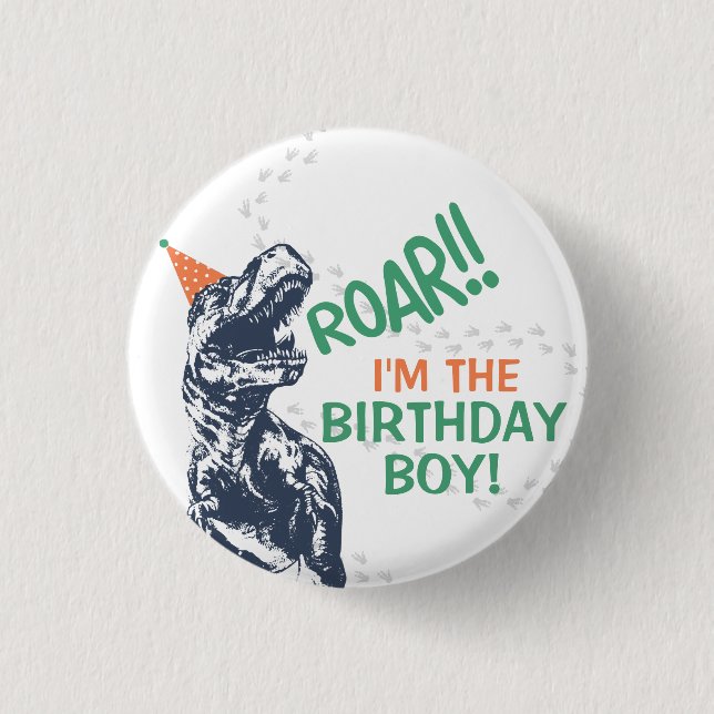 Dinosaur T-Rex i Party Hat Birthday Boy eller Girl Knapp (Framsida)