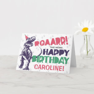 Dinosaur T-Rex i Party Hat Rosa Grattis på födelse Kort