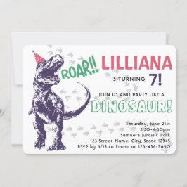 Dinosaur T-Rex i Party Hat Rosa & Lila Birthday Inbjudningar