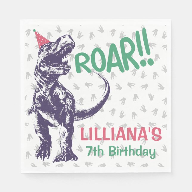 Dinosaur T-Rex i Party Hat Rosa & Lila Birthday Pappersservett (Framsidan)