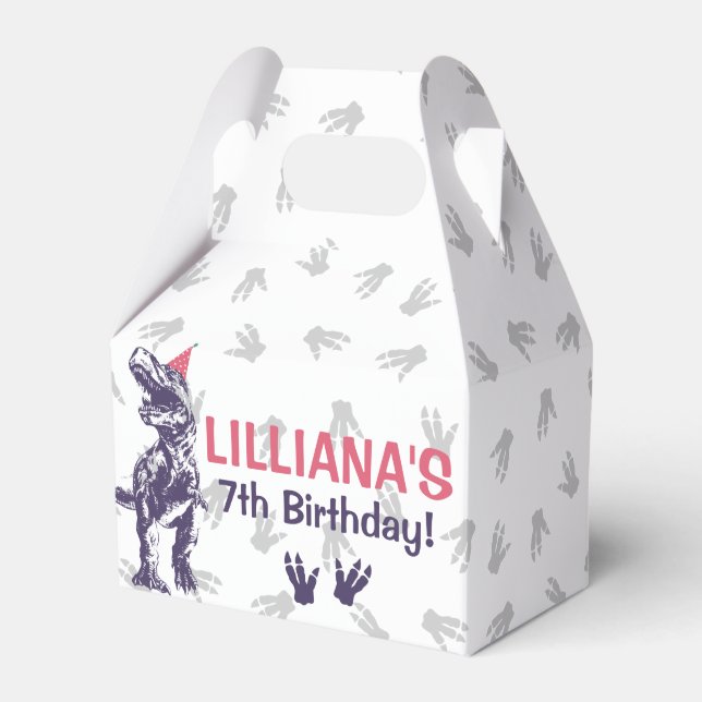 Dinosaur T-Rex i Party Hat Rosa & Lila Birthday Presentaskar (Framsidan Sidan)