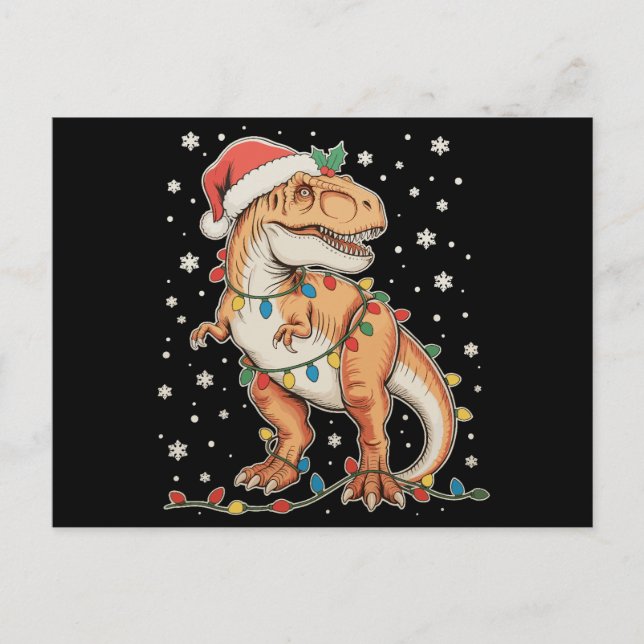 Dinosaur T Rex Jul Dino Julbelysning Högerdag Helg Vykort (Framsida)