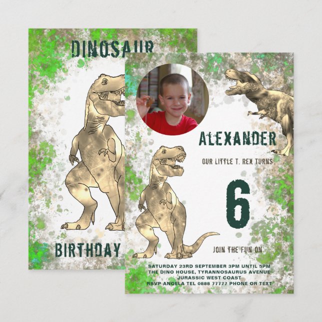 Dinosaur T Rex Jungle Födelsedagsfest Photo Inbjudningar (Fram/baksida)