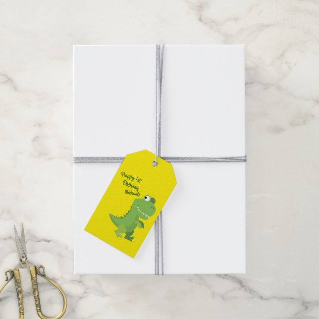 Dinosaur T-rex Kids 1:a födelsedagen Dino Party Presentetikett (Med Snöre)
