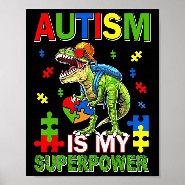 Dinosaur T-rex Kids Autism är min supermakts autis Poster (Framsidan)
