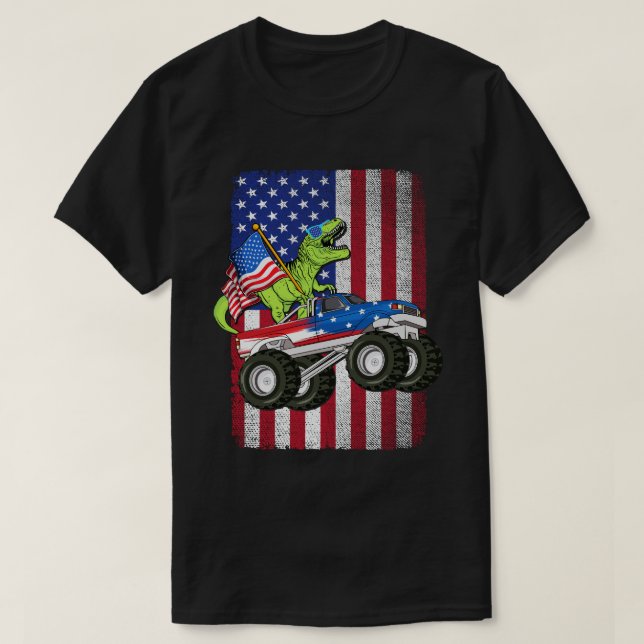 Dinosaur T Rex Monster Lastbil American Flagga T Shirt (Design framsida)