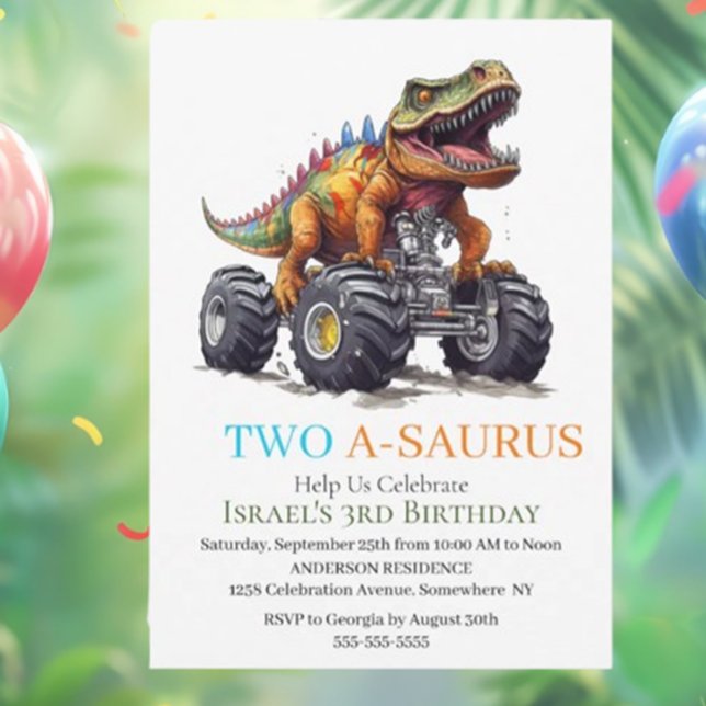 Dinosaur T-Rex Monster Lastbil Inbjudningar (Roar Into Fun: T-Rex Dinosaur Monster Truck Invitation!)