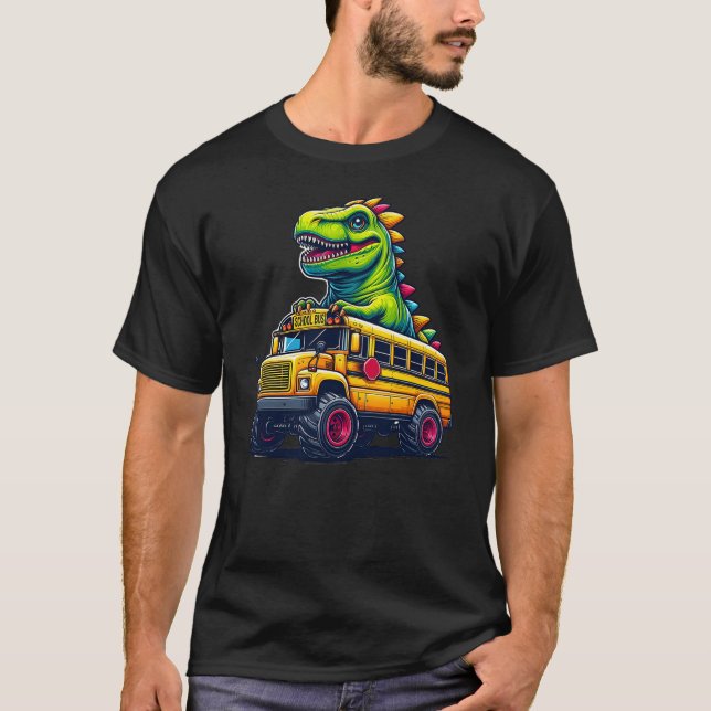 Dinosaur T-rex On Monster Truck School Bus Driver  T Shirt (Framsida)