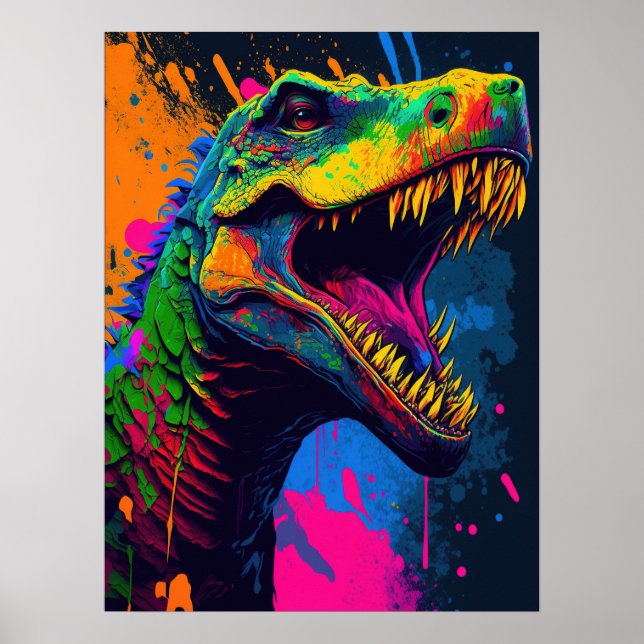 Dinosaur T Rex Orange Blue Poster (Framsidan)