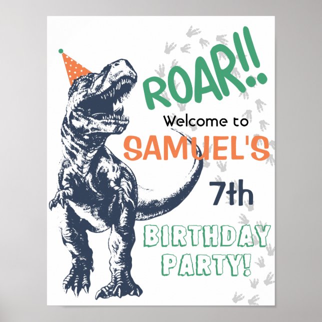 Dinosaur T-Rex Party Hat Birthday Välkomstskylt Poster (Framsidan)