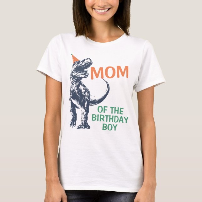 Dinosaur T-Rex Party Hat Mamma vid födelsedagspojk T Shirt (Framsida)