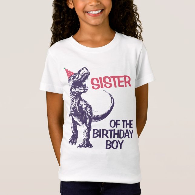Dinosaur T-Rex Party Hat Sister of Birthday Boy T Shirt (Framsida)
